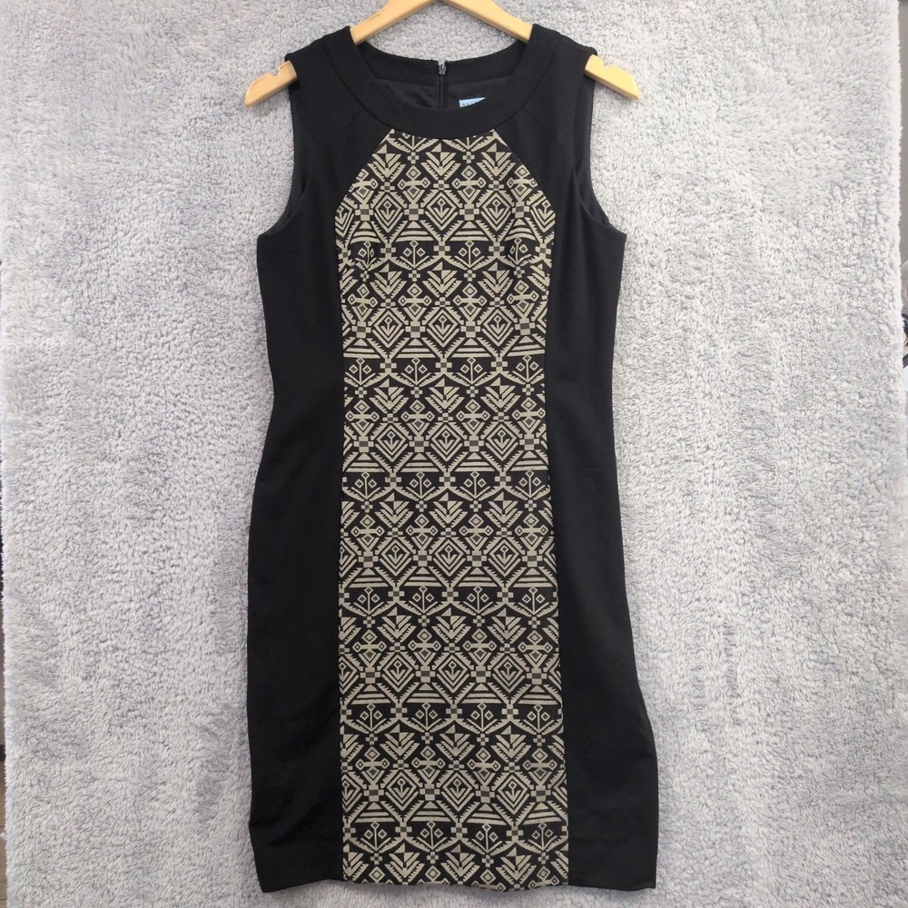 Antonio Melani‎ Size 6 Black & Tan Geometric Sleeveless Knee Length Sheath Dress